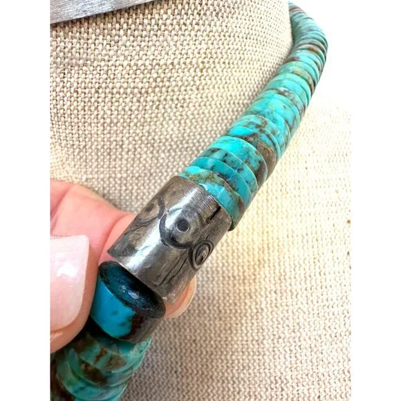 Vintage Native American Kewa Necklace Handmade Heishi Turquoise & Silver Beads - Picture 4 of 13